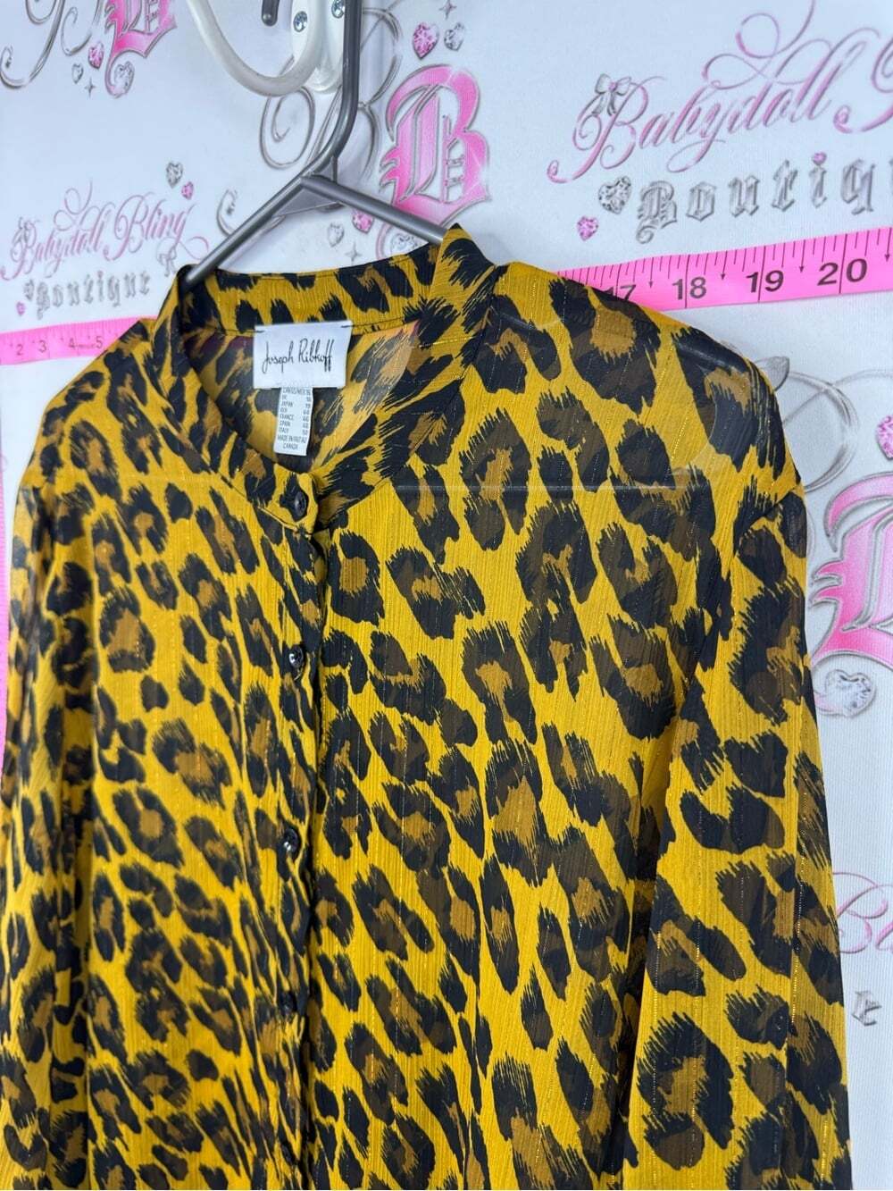 Joseph Ribkoff sparkly Yellow and Black Leopard Print Button-Front Blouse ruffle - Picture 5 of 7